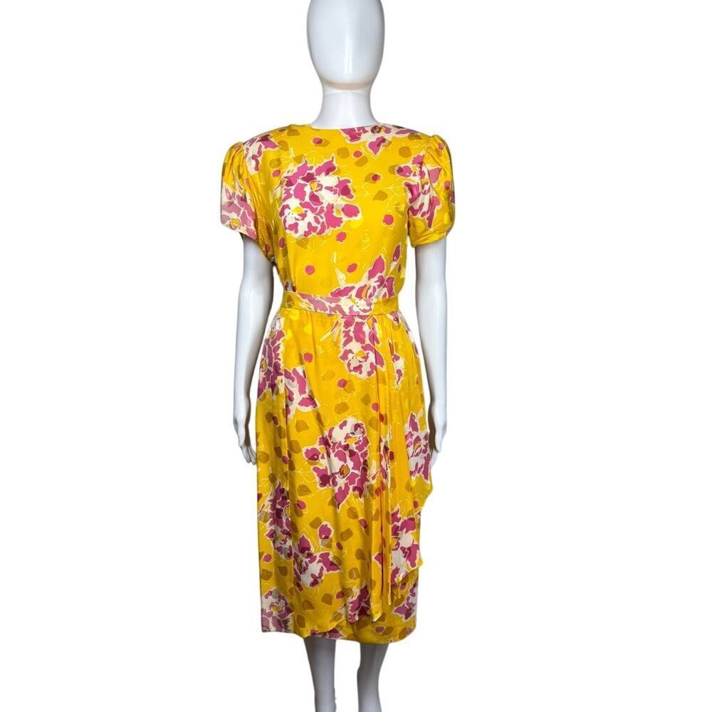 Vintage 80s Carlisle 100% Silk Yellow Pink Skirt Blouse Set Size 8 / 10